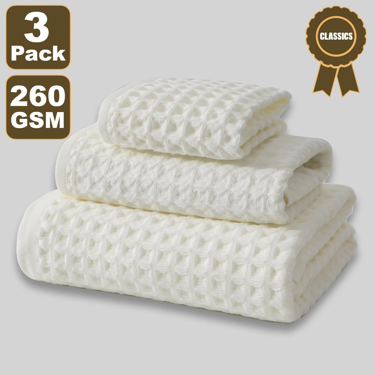 Waffle cotton towel set sizes: 35 x 35 cm, 35 x 80 cm and 70 x 140 cm